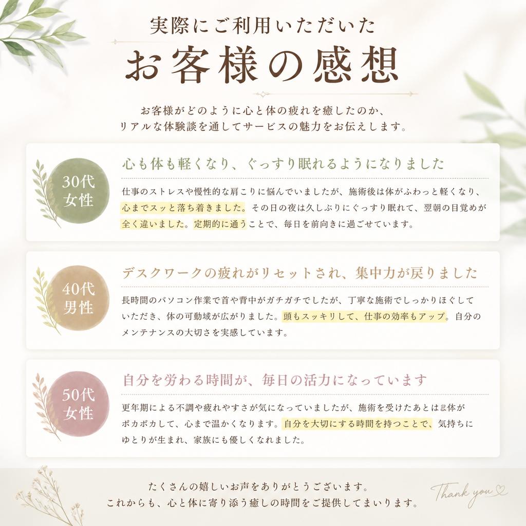 お客様の声：癒しの体験談